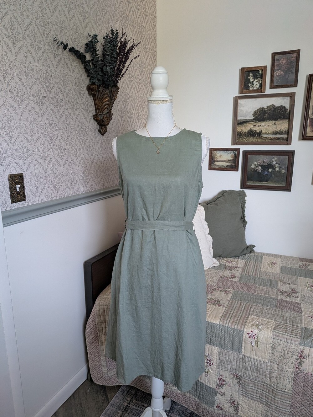 NWT Grae Cove Sage Green Linen Cotton Tie Waist Dress S